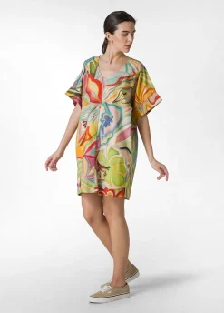 Fashion Abito In Popeline Stampa Flower Power Verde Donna Vestiti, Gonne E Tute