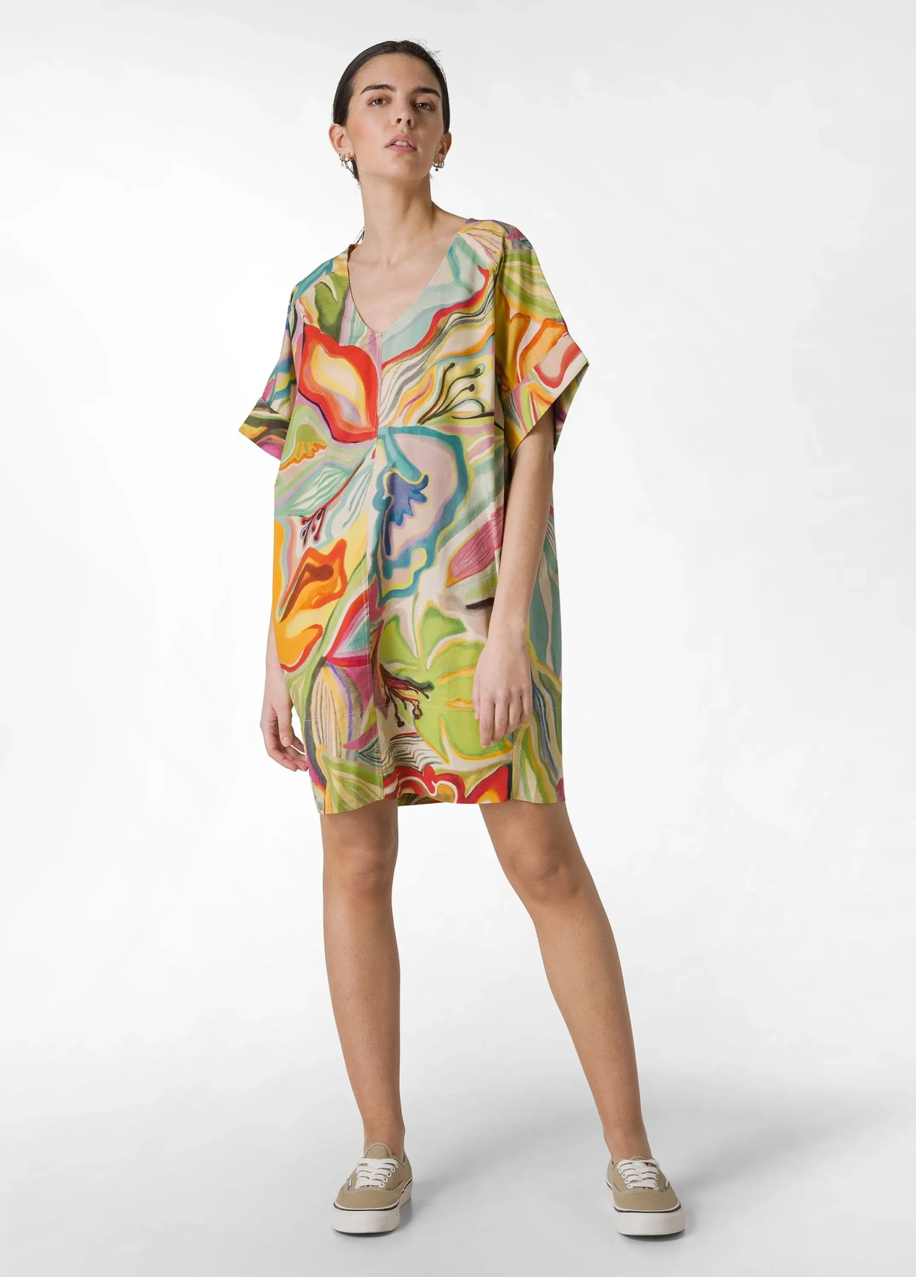 Fashion Abito In Popeline Stampa Flower Power Verde Donna Vestiti, Gonne E Tute