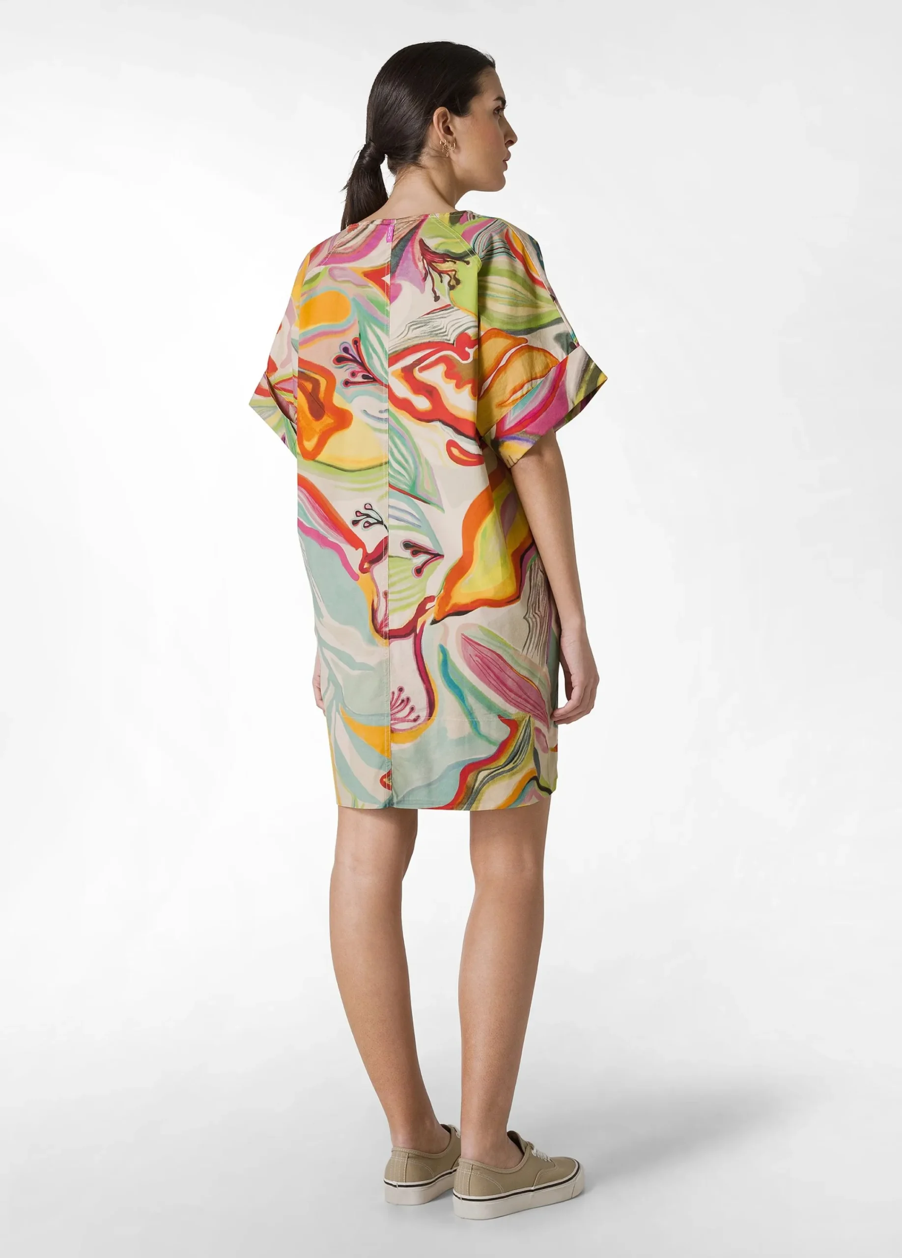 Fashion Abito In Popeline Stampa Flower Power Verde Donna Vestiti, Gonne E Tute