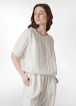 Clearance Blusa In Lino Gessato Bianco Donna Camicie & Bluse