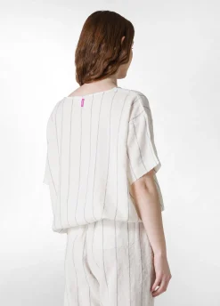 Clearance Blusa In Lino Gessato Bianco Donna Camicie & Bluse