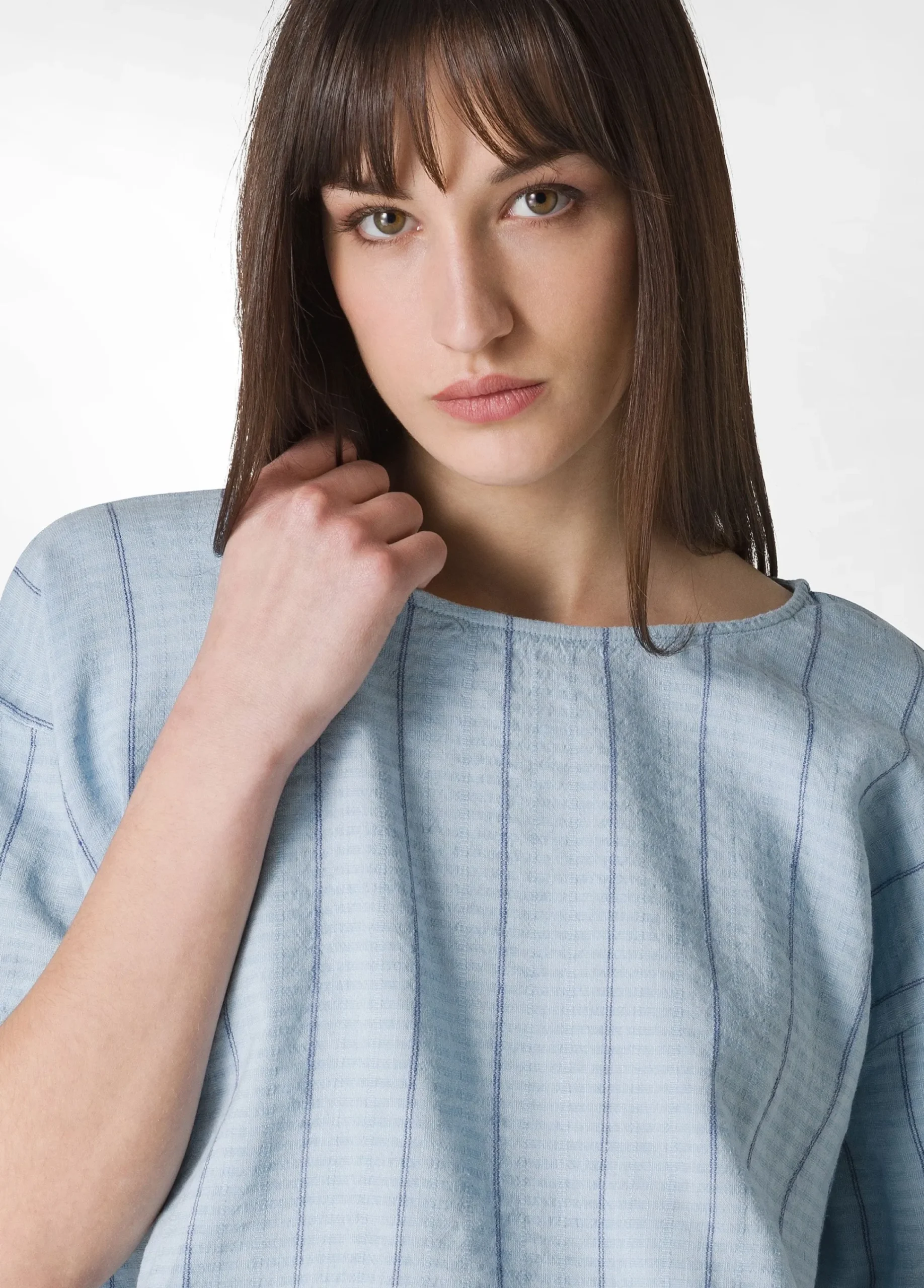 Outlet Blusa In Lino Gessato Blu Donna Camicie & Bluse