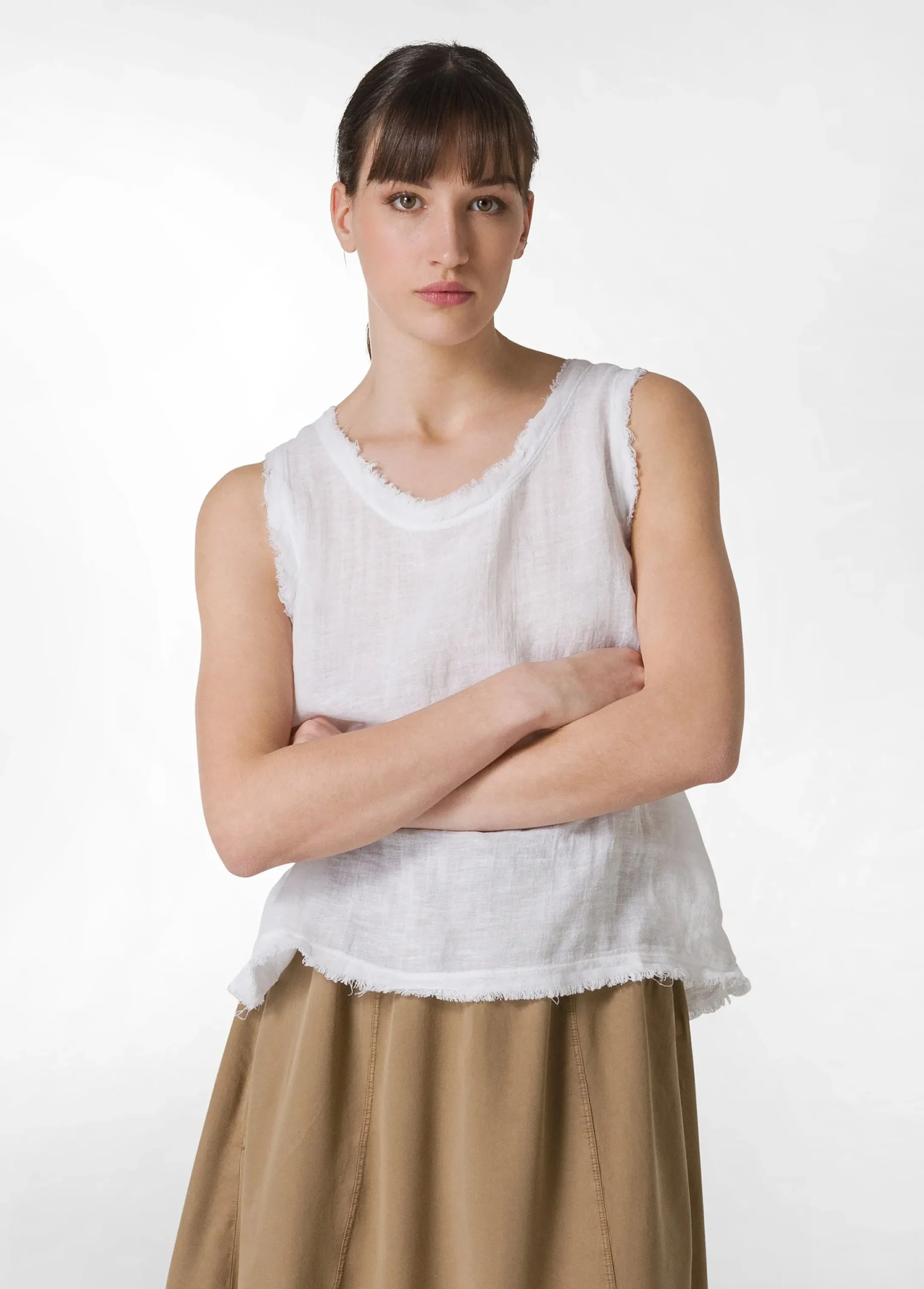 Best Sale Canotta Sfrangiata In Lino Bianco Donna Top & T-Shirts