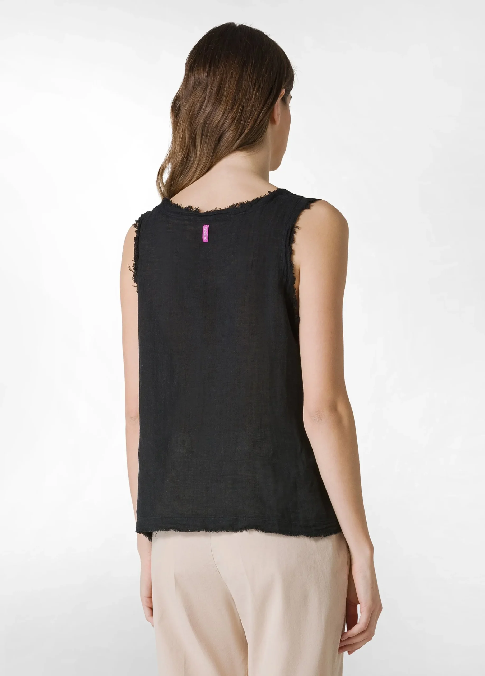 Cheap Canotta Sfrangiata In Lino Nero Donna Top & T-Shirts
