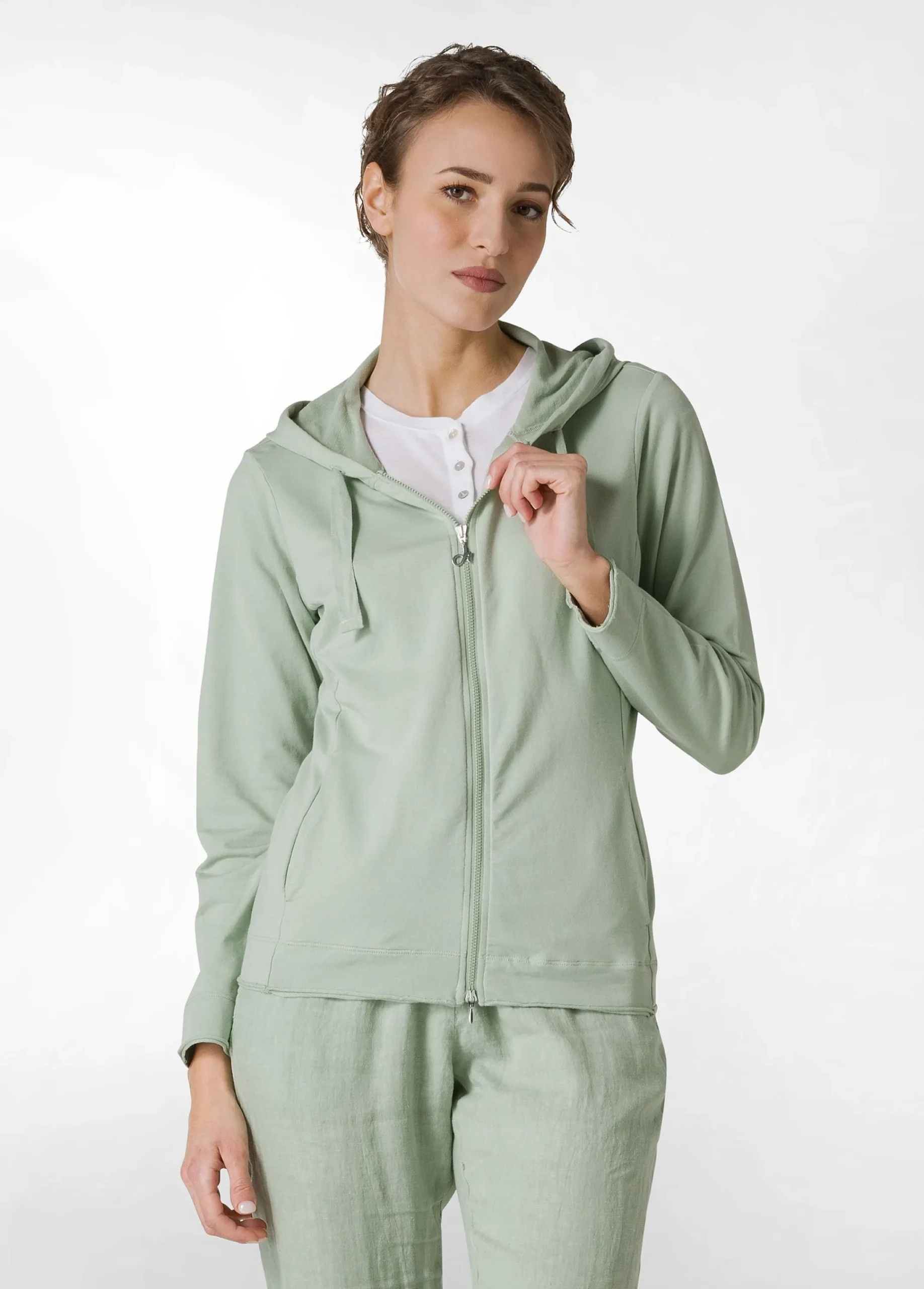 Outlet Felpa Core Leggera Con Zip E Cappuccio Verde Donna Felpe & Maglieria
