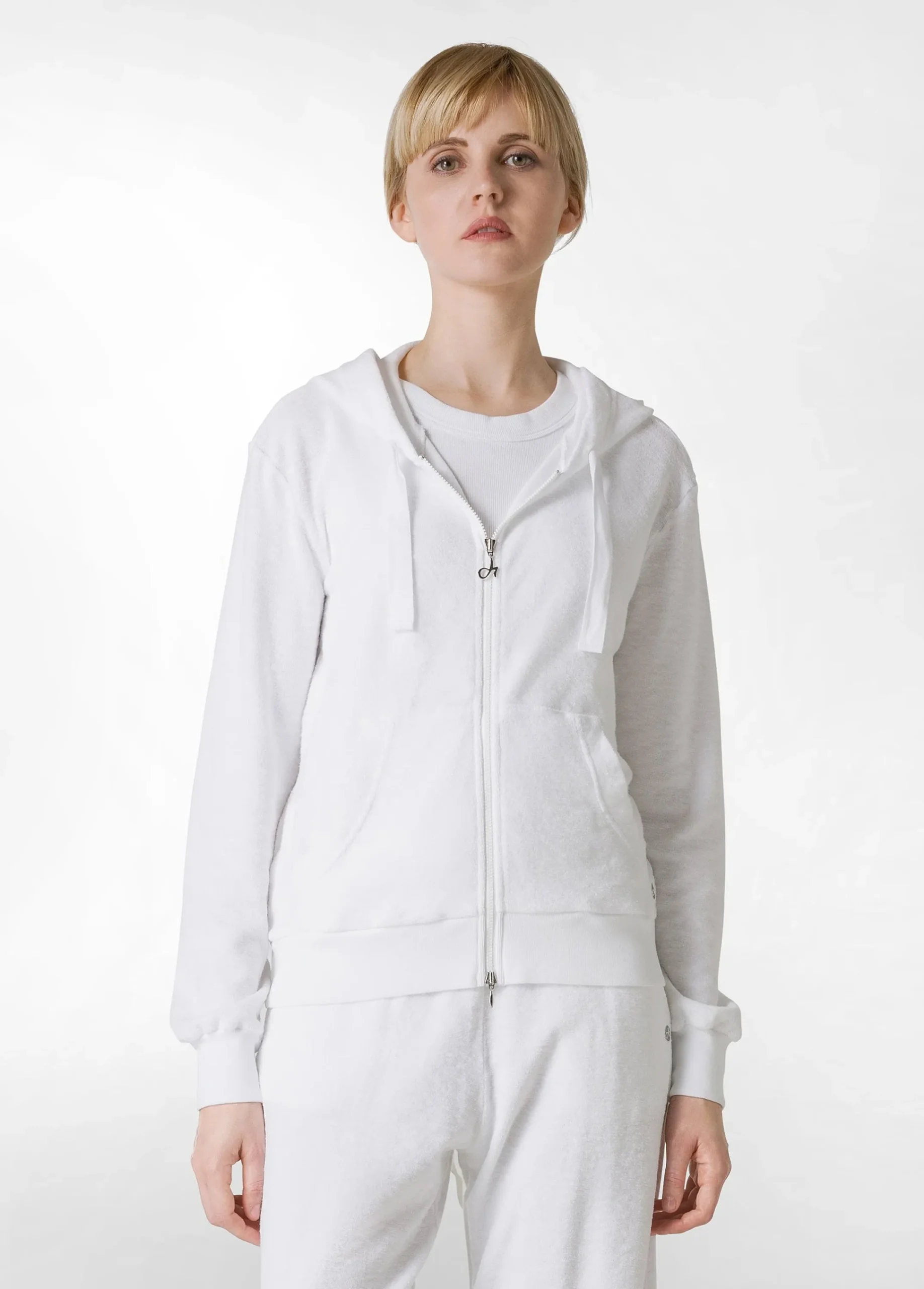 New Felpa In Spugna Zip E Cappuccio Bianco Donna Felpe & Maglieria