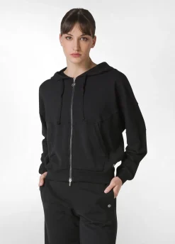 Outlet Felpa Organica Ampia Zip E Cappuccio Nero Donna Felpe & Maglieria