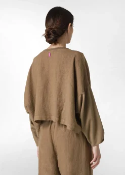 New Girocollo In Lino Con Maniche In Felpa Marrone Donna Felpe & Maglieria
