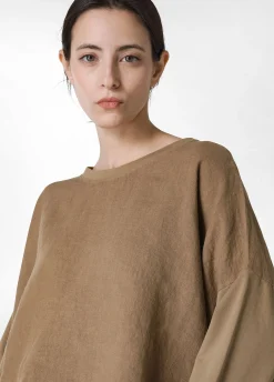New Girocollo In Lino Con Maniche In Felpa Marrone Donna Felpe & Maglieria