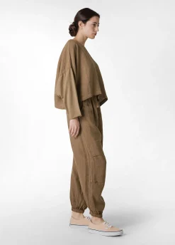 New Girocollo In Lino Con Maniche In Felpa Marrone Donna Felpe & Maglieria