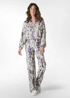 Sale Pantalone A Zampa Stampato Vita Alta Viola Donna Pantaloni