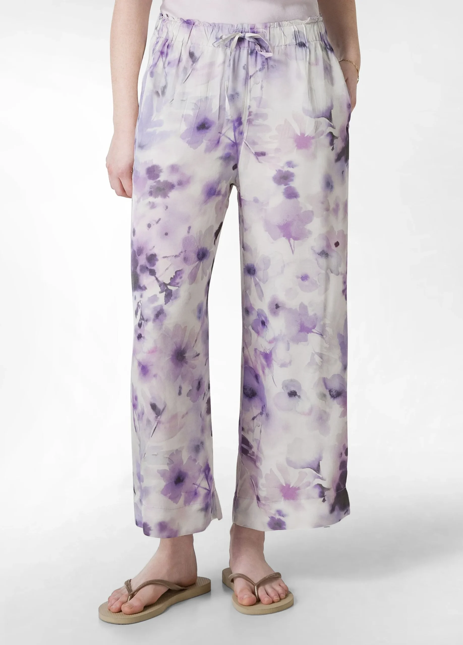 Discount Pantalone Cropped In Raso Stampato Viola Donna Pantaloni