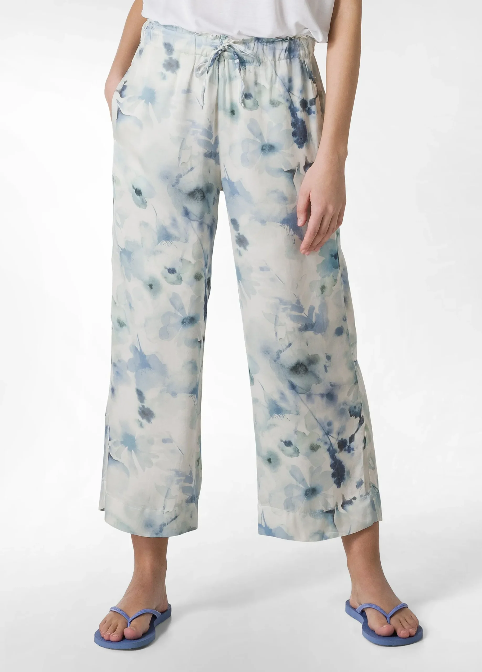 Fashion Pantalone Cropped In Raso Stampato Blu Donna Pantaloni