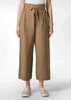 Online Pantalone Cropped Vita Alta In Lino Marrone Donna Pantaloni