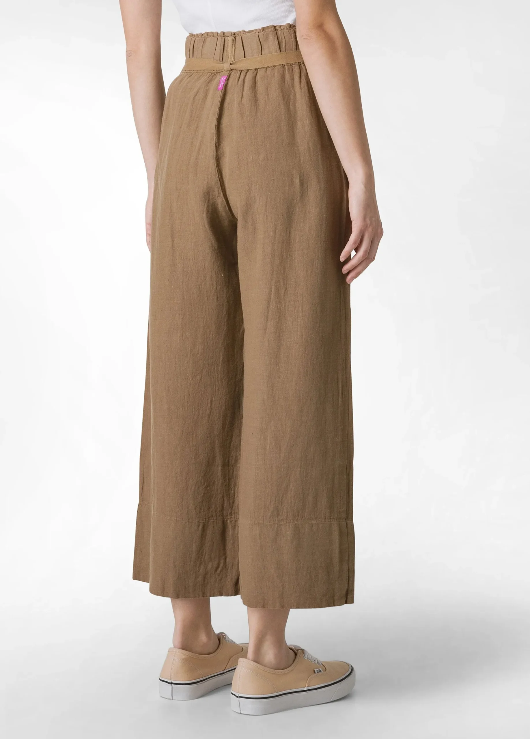 Online Pantalone Cropped Vita Alta In Lino Marrone Donna Pantaloni