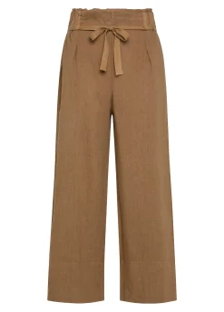 Online Pantalone Cropped Vita Alta In Lino Marrone Donna Pantaloni