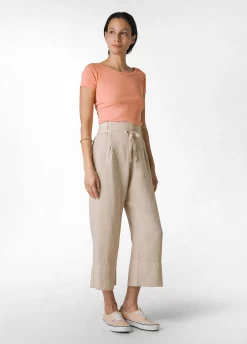 Outlet Pantalone Cropped Vita Alta In Lino Beige Donna Pantaloni