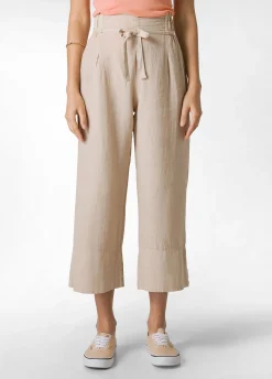 Outlet Pantalone Cropped Vita Alta In Lino Beige Donna Pantaloni