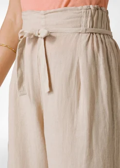 Outlet Pantalone Cropped Vita Alta In Lino Beige Donna Pantaloni