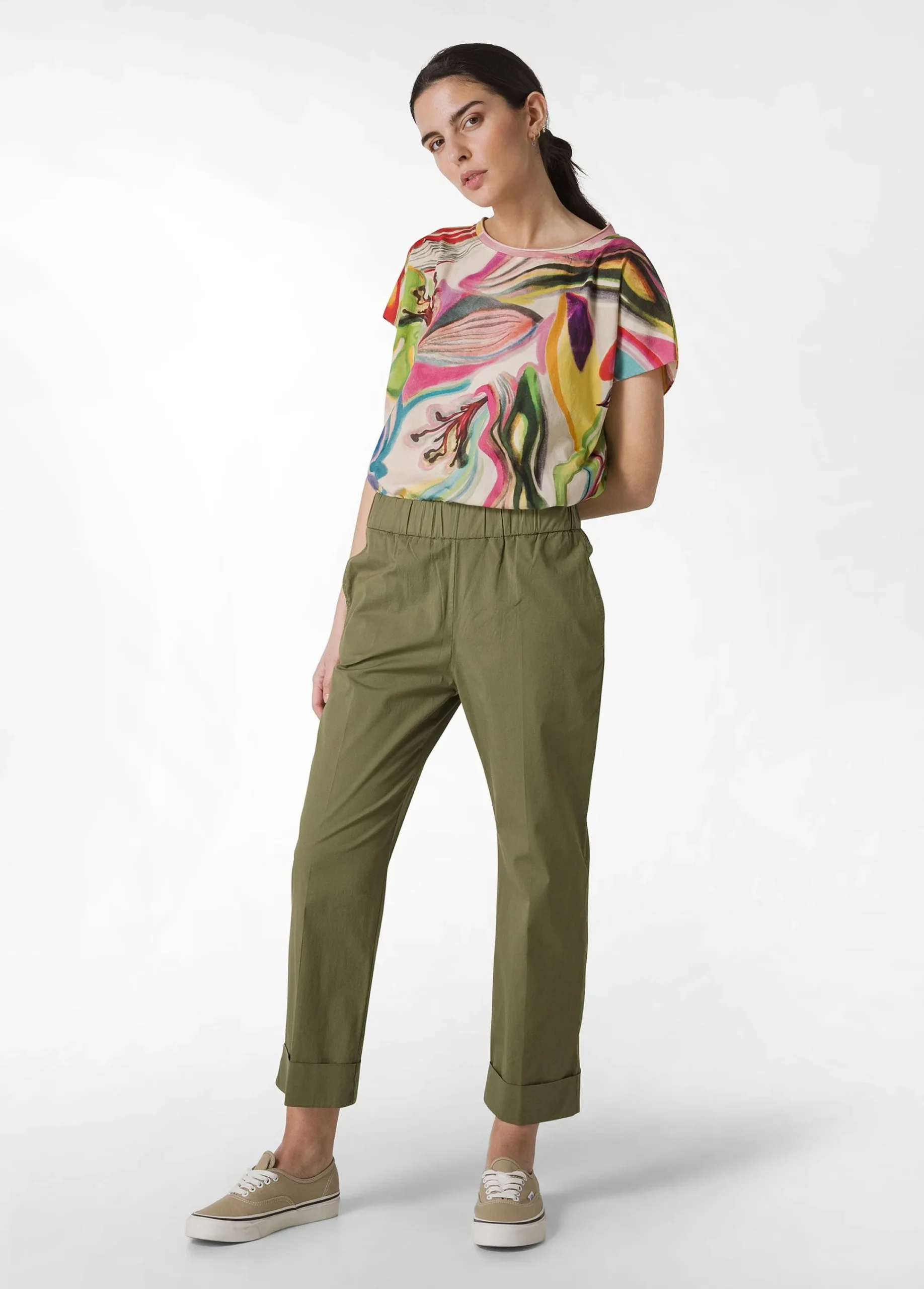 Sale Pantalone Dritto In Popeline Verde Donna Pantaloni