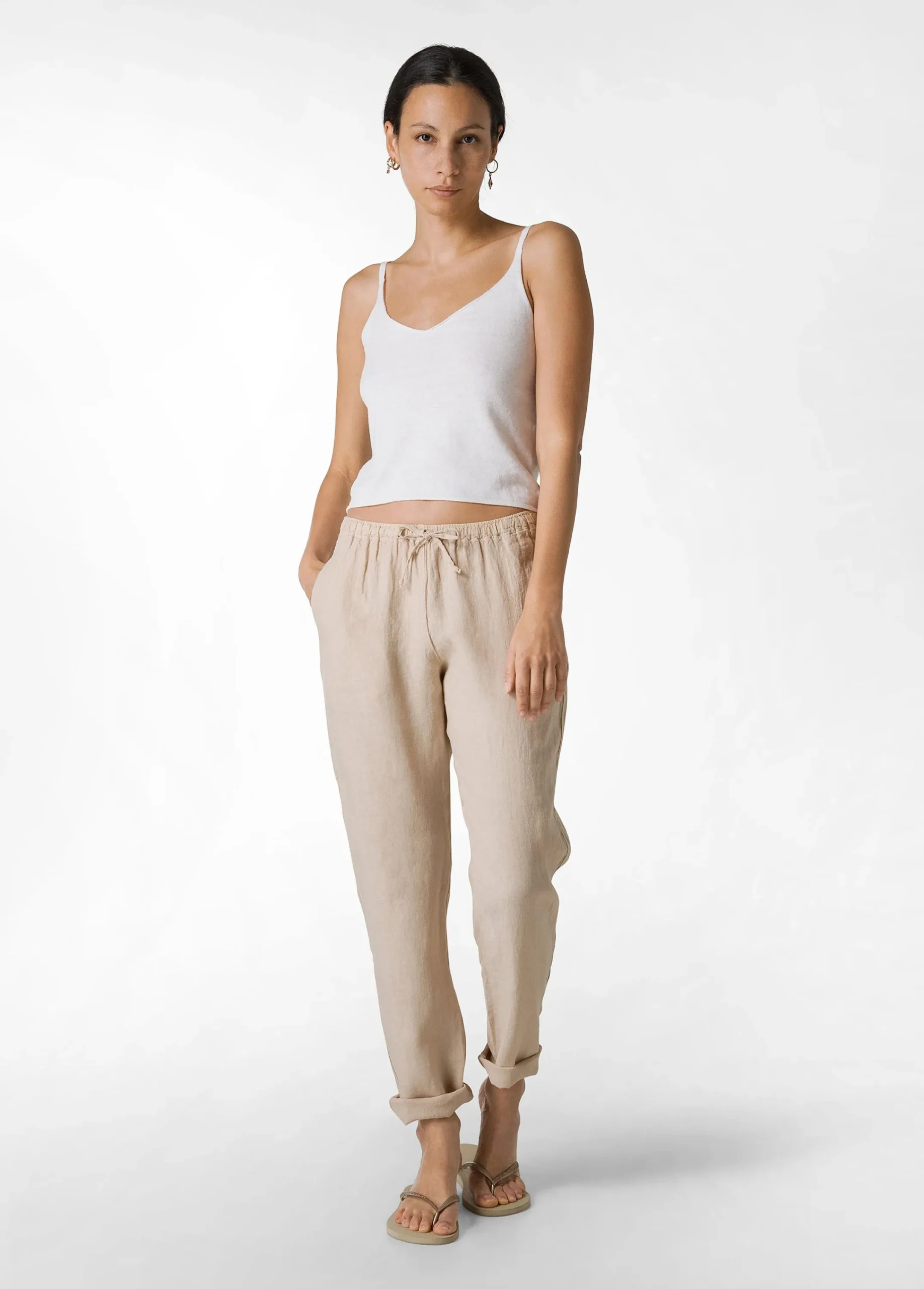Best Sale Pantalone In Lino Con Coulisse Beige Donna Pantaloni