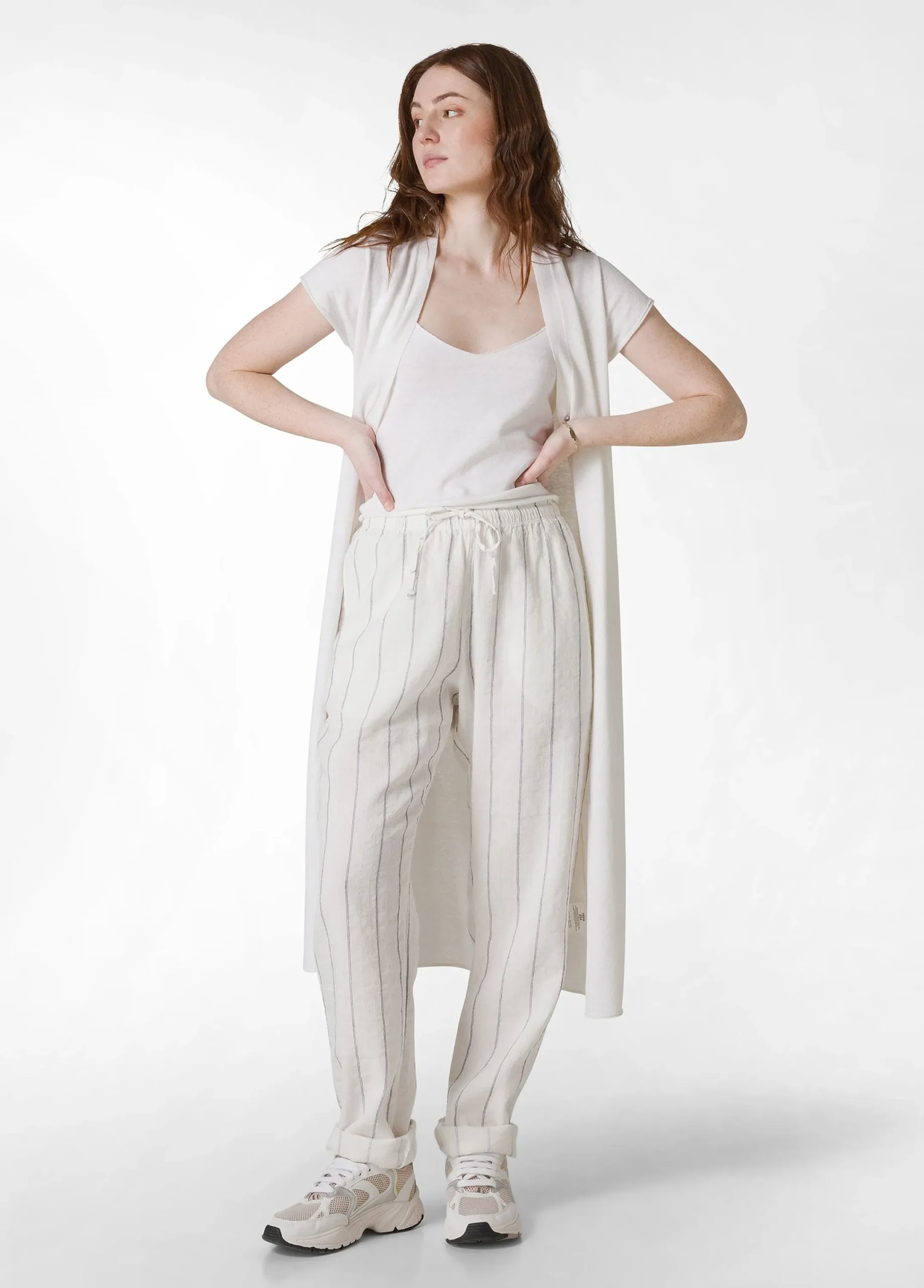 Best Sale Pantalone In Lino Gessato Bianco Donna Pantaloni