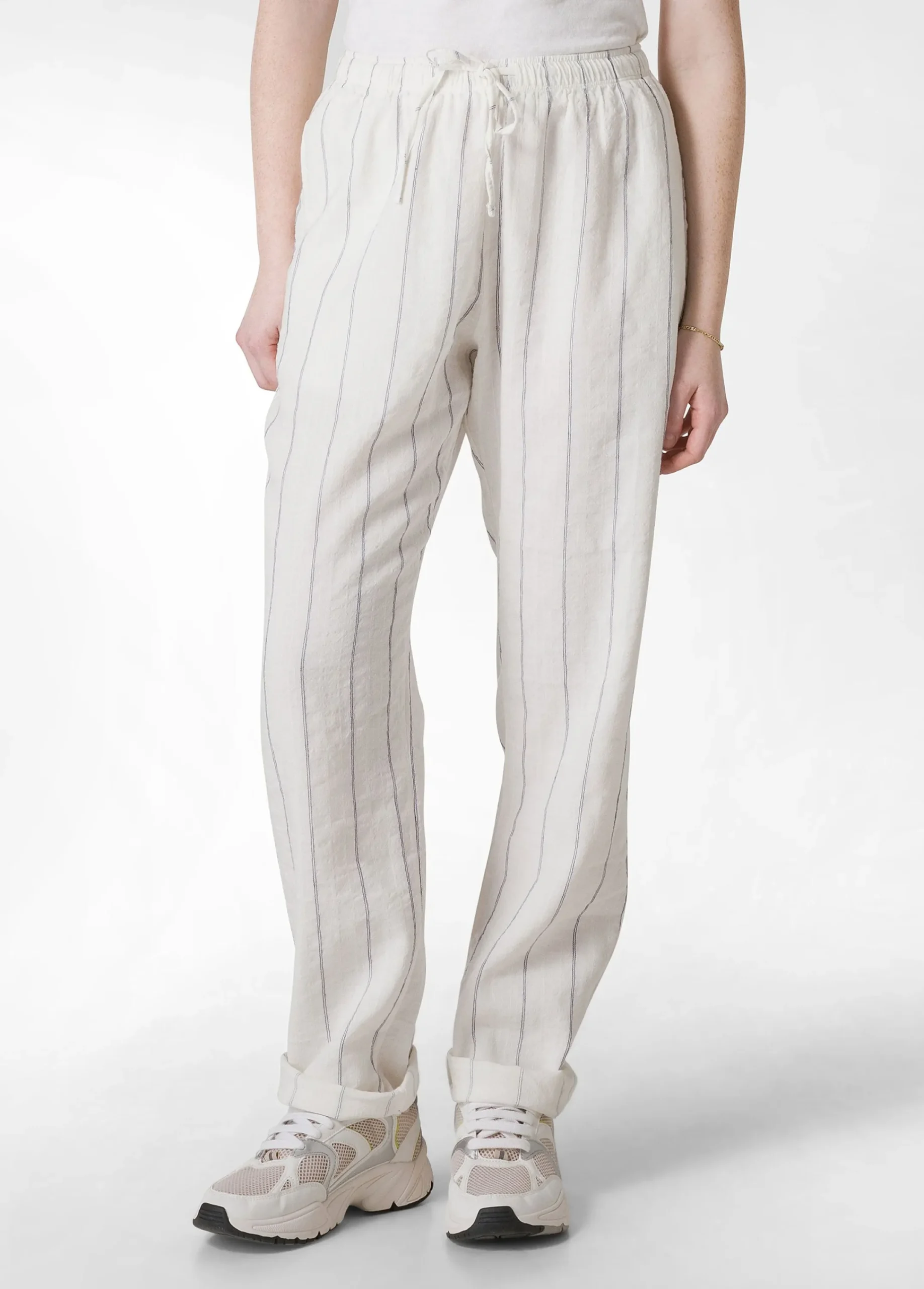 Best Sale Pantalone In Lino Gessato Bianco Donna Pantaloni
