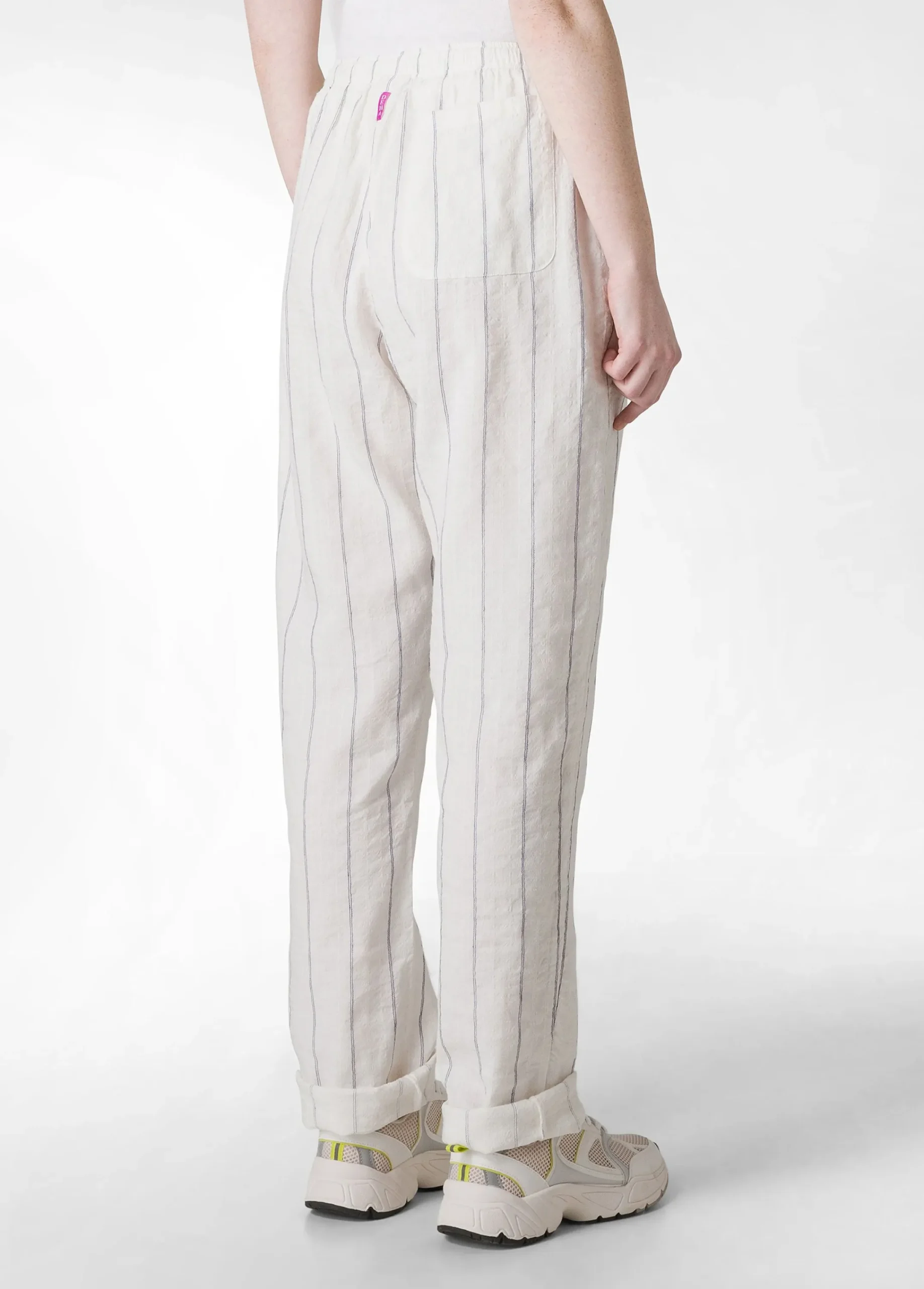 Best Sale Pantalone In Lino Gessato Bianco Donna Pantaloni