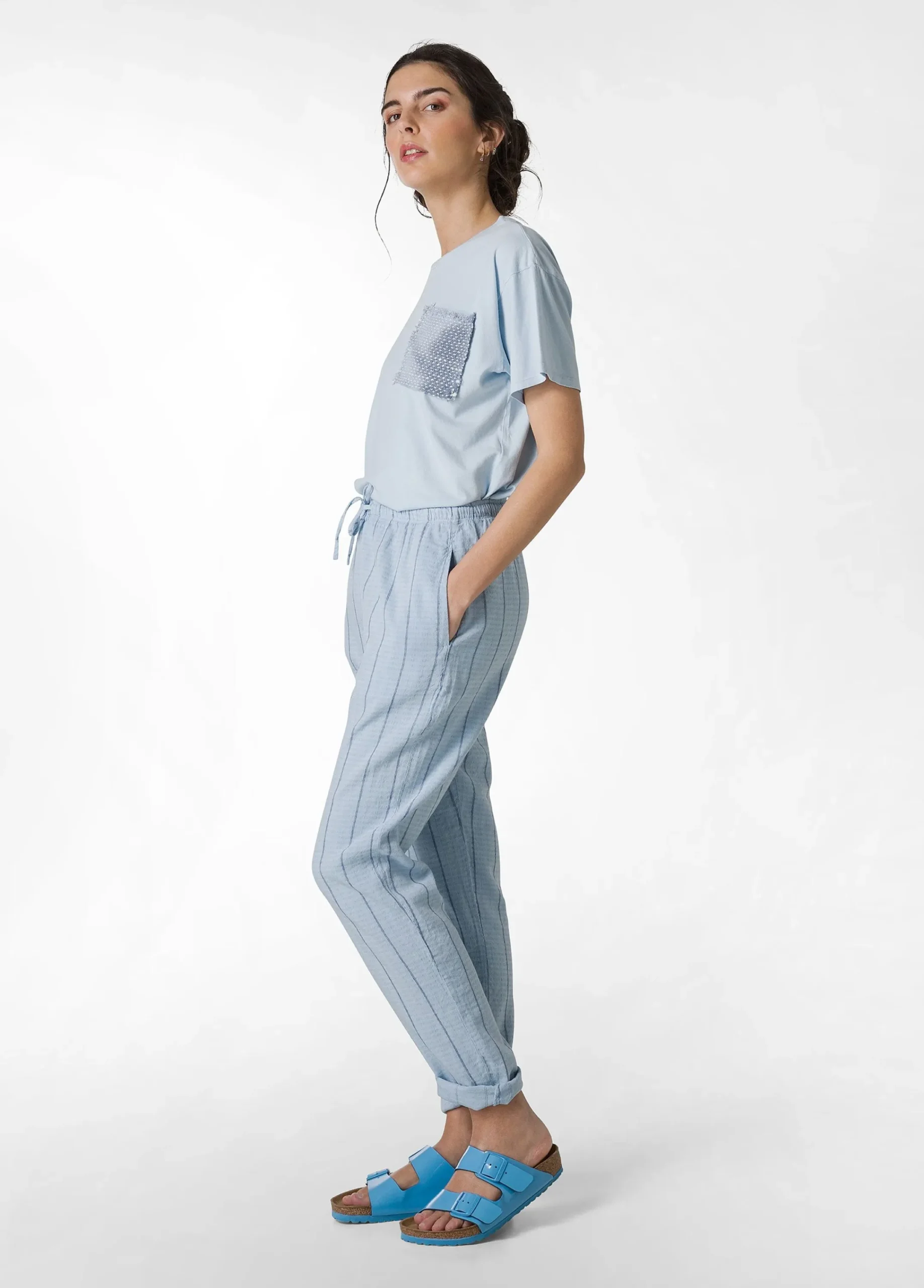 Best Sale Pantalone In Lino Gessato Blu Donna Pantaloni