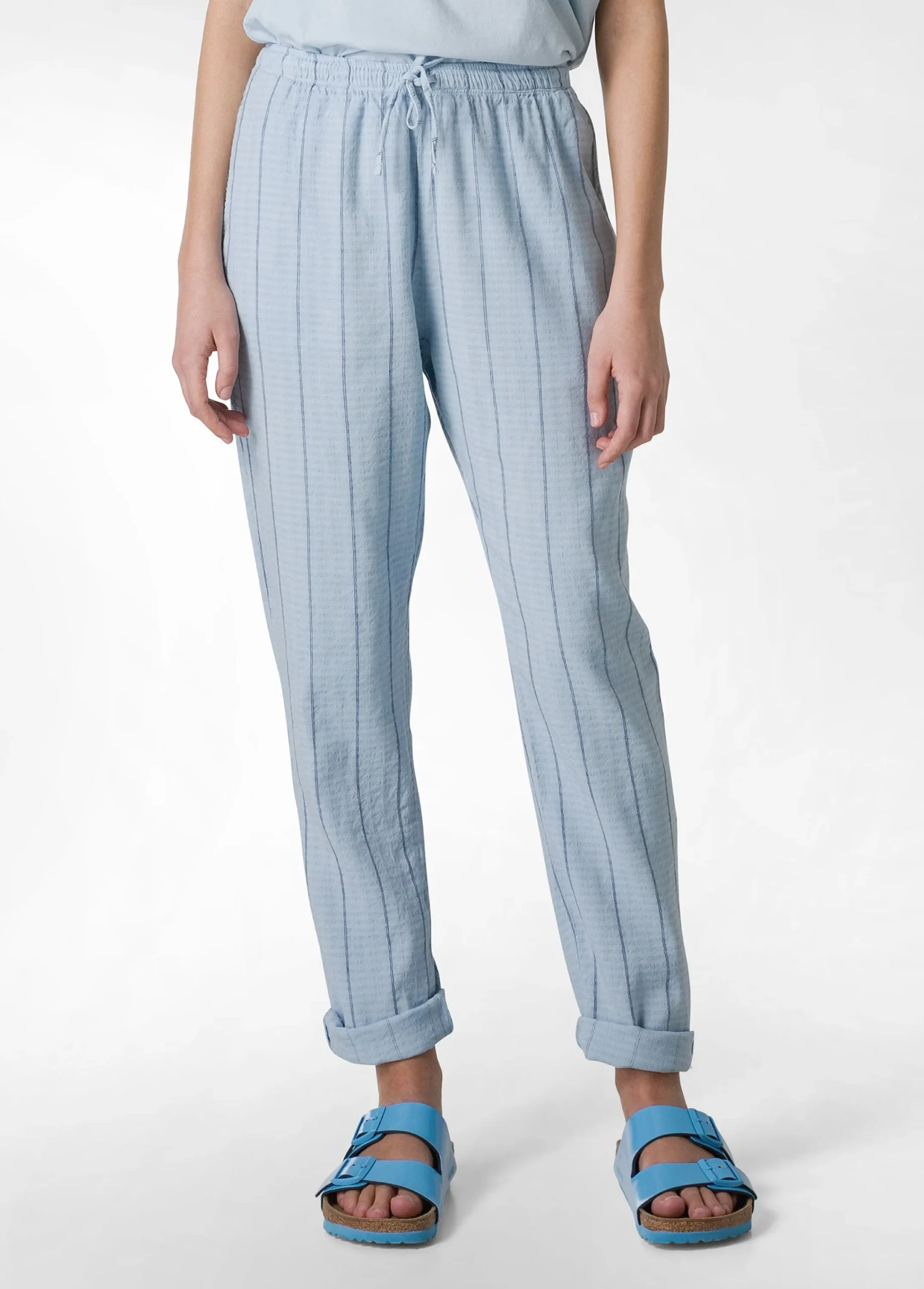 Best Sale Pantalone In Lino Gessato Blu Donna Pantaloni