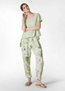 Sale Pantalone In Lino Stampato Verde Donna Pantaloni