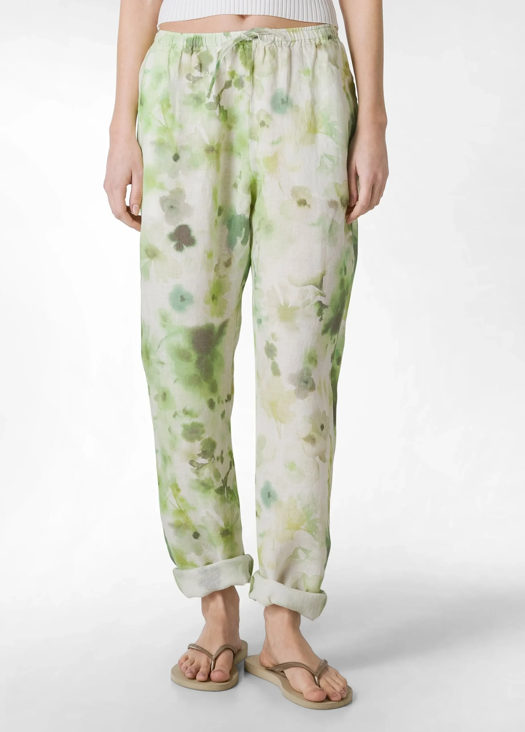 Sale Pantalone In Lino Stampato Verde Donna Pantaloni