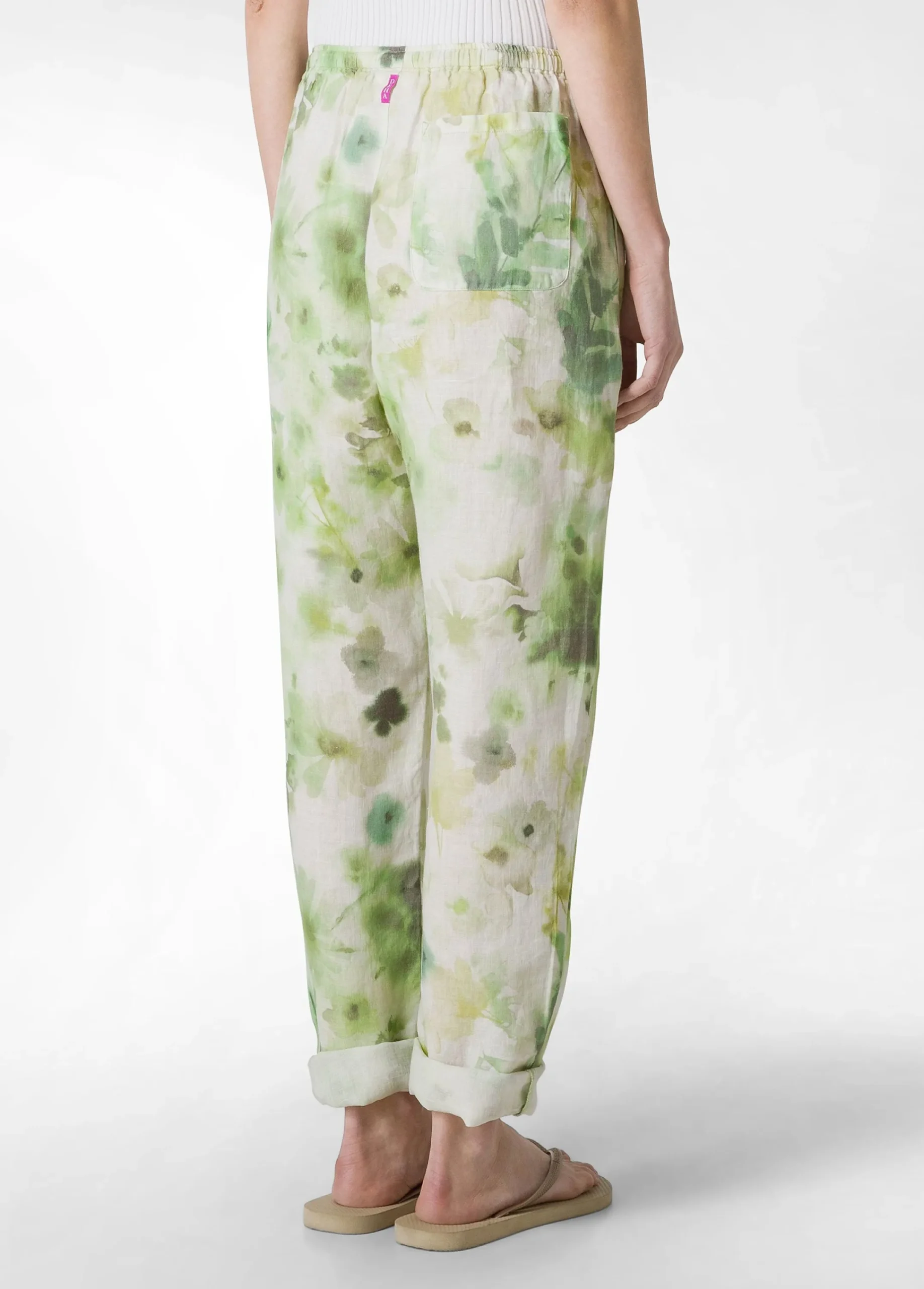 Sale Pantalone In Lino Stampato Verde Donna Pantaloni