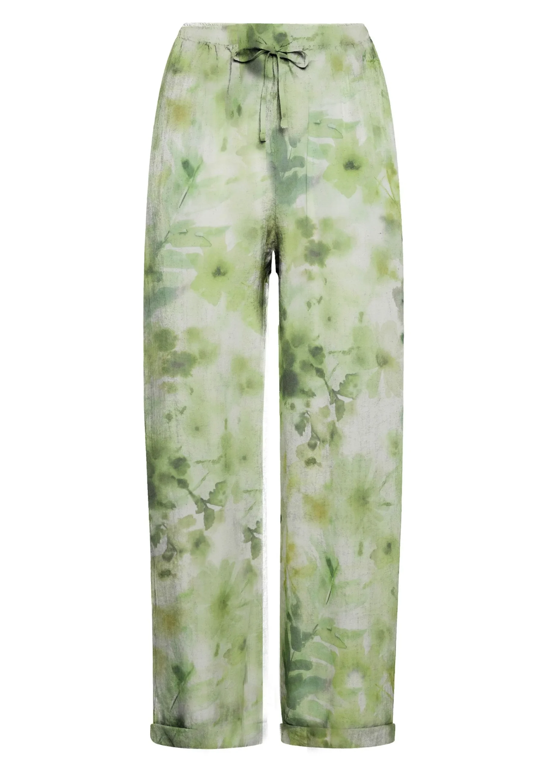 Sale Pantalone In Lino Stampato Verde Donna Pantaloni