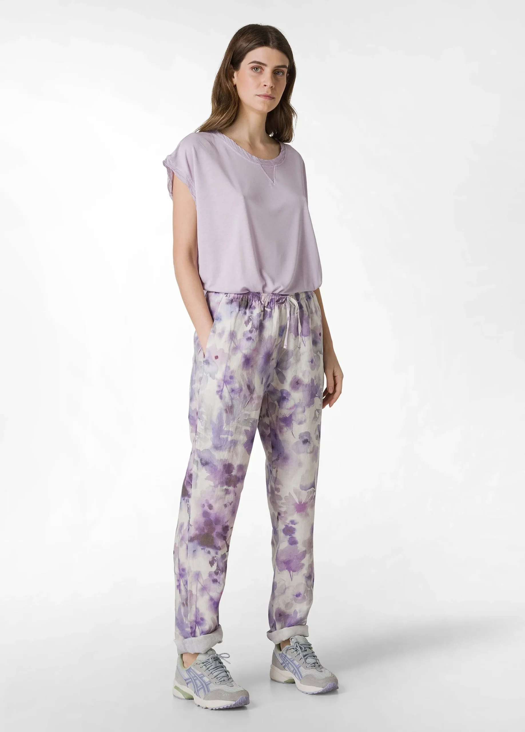 Hot Pantalone In Lino Stampato Viola Donna Pantaloni