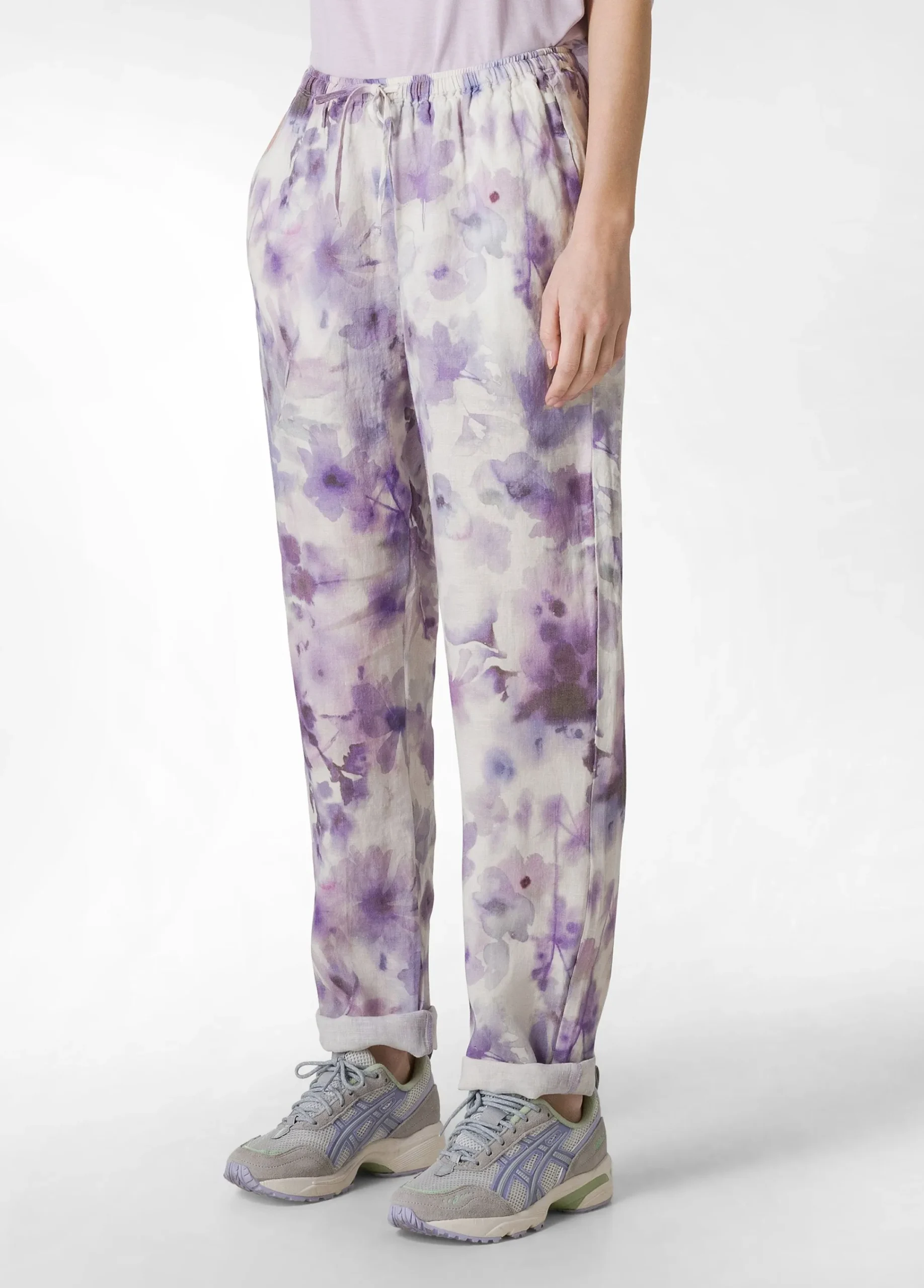 Hot Pantalone In Lino Stampato Viola Donna Pantaloni