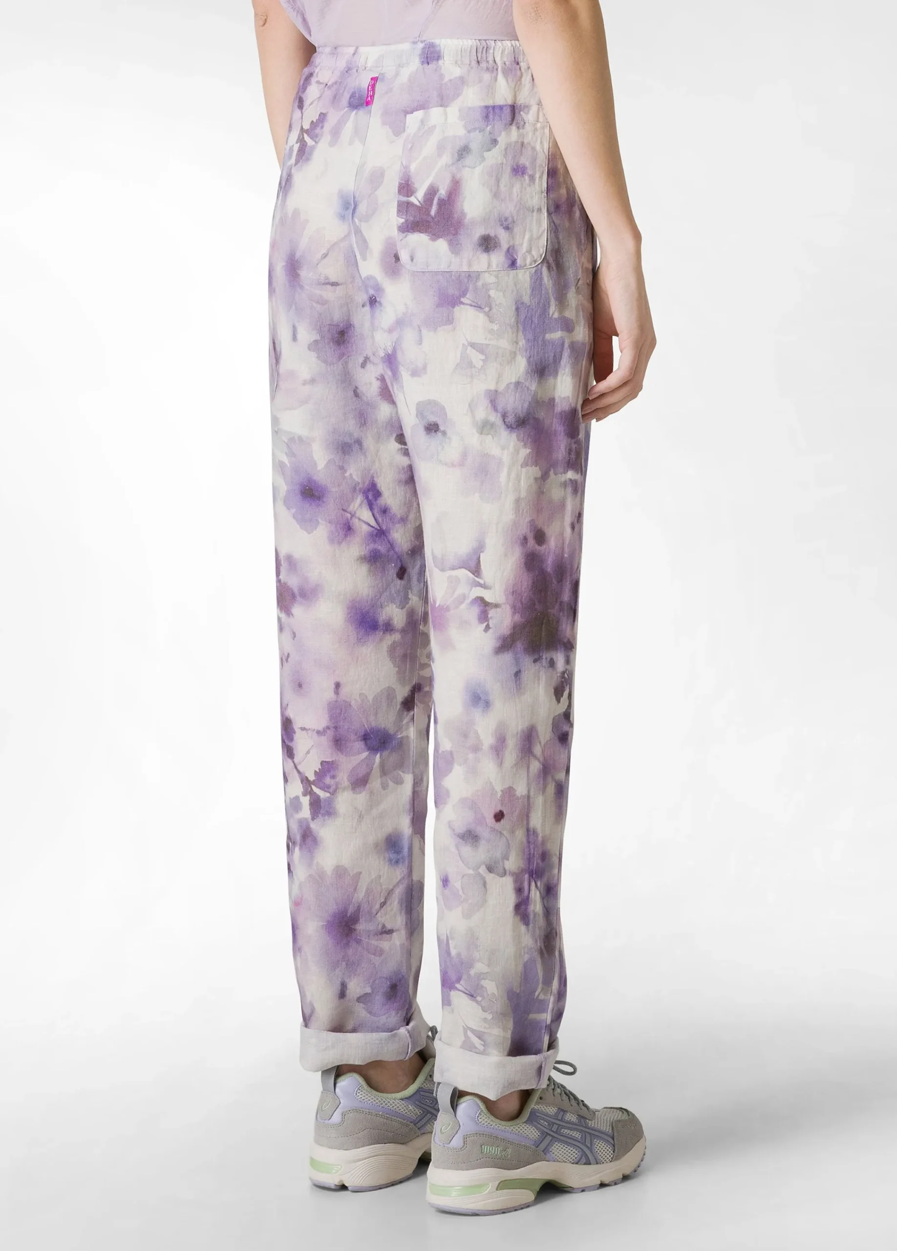 Hot Pantalone In Lino Stampato Viola Donna Pantaloni