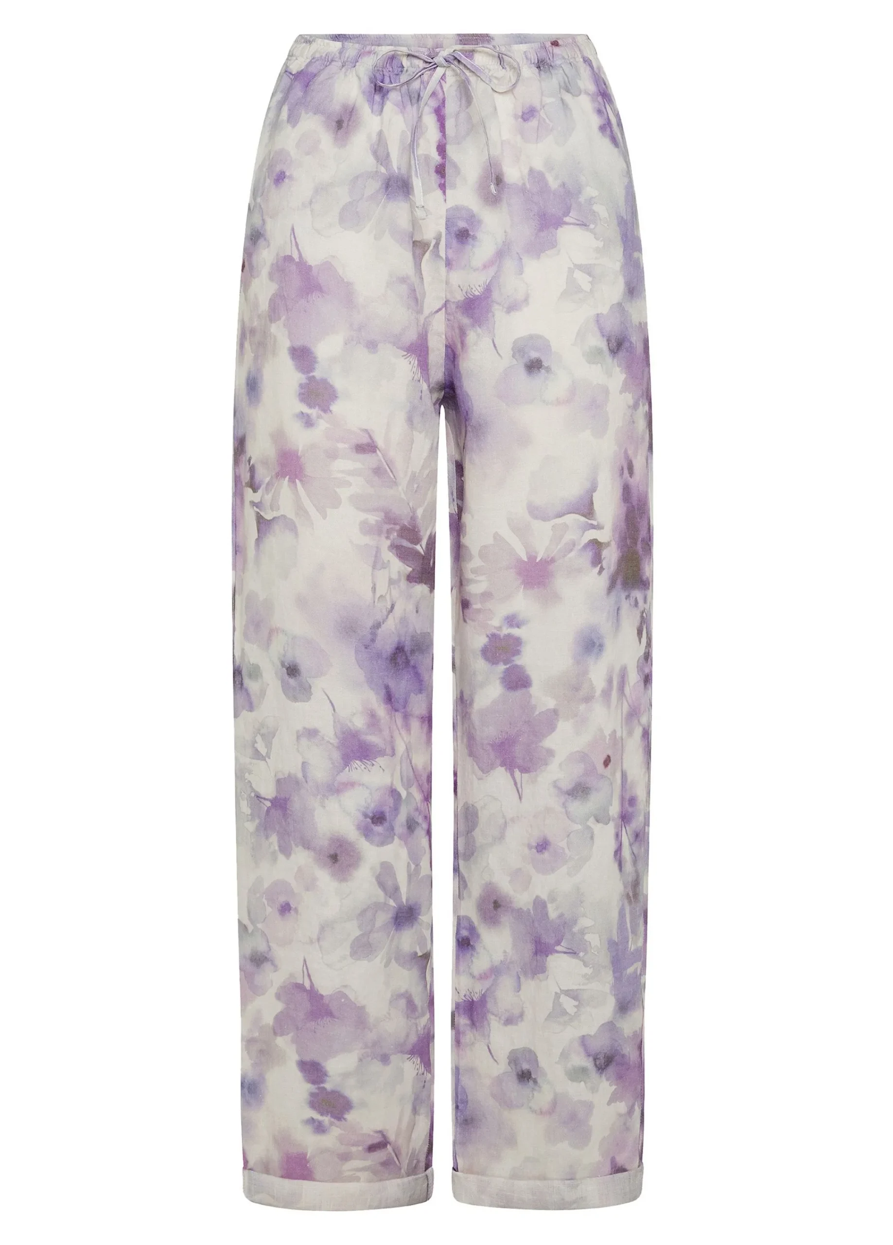 Hot Pantalone In Lino Stampato Viola Donna Pantaloni