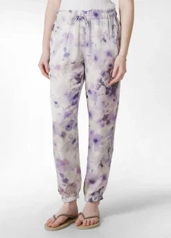 Hot Pantalone Jogger In Raso Stampato Viola Donna Pantaloni