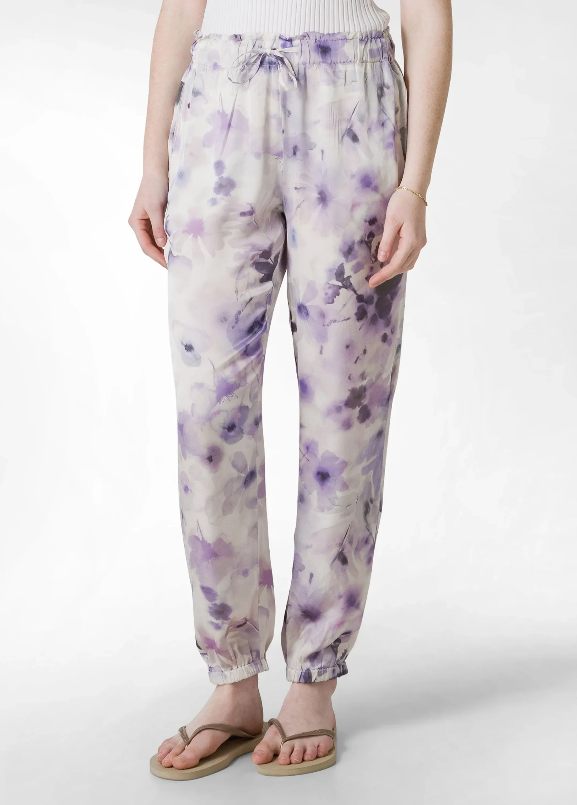 Hot Pantalone Jogger In Raso Stampato Viola Donna Pantaloni
