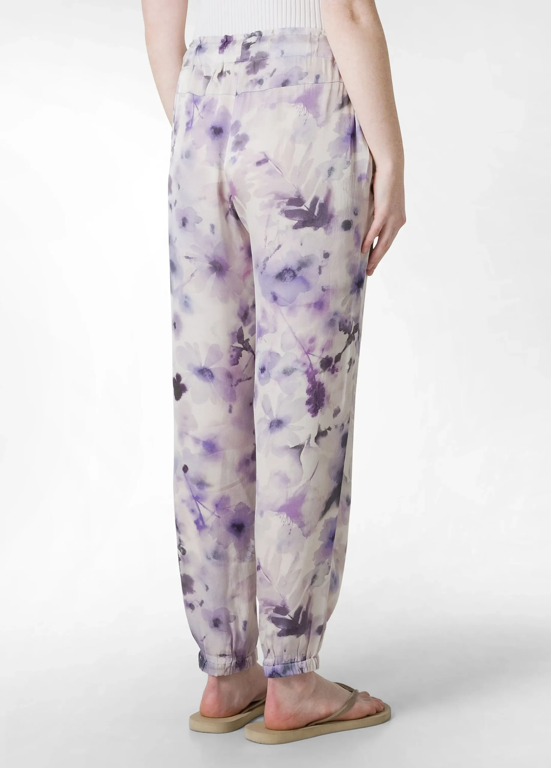 Hot Pantalone Jogger In Raso Stampato Viola Donna Pantaloni