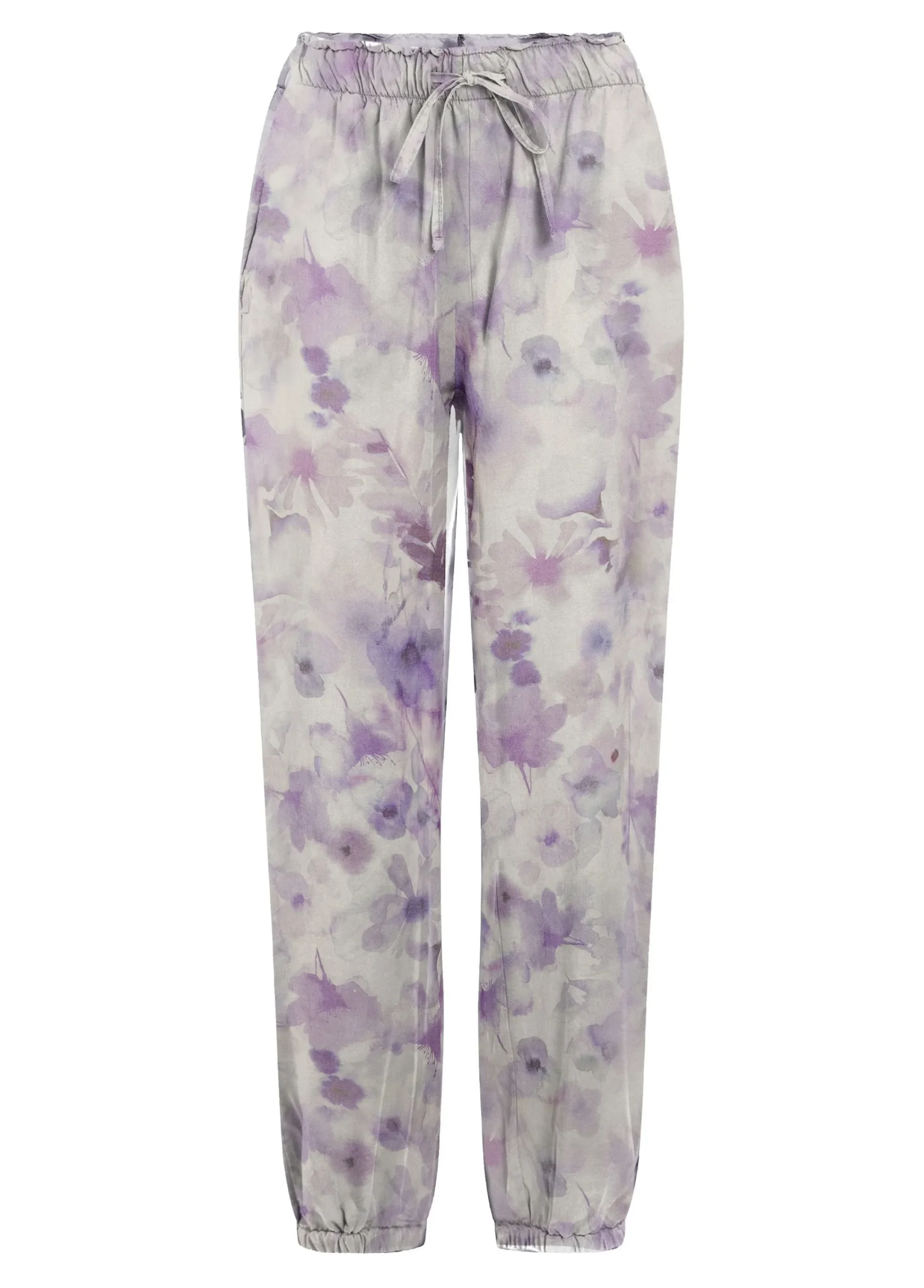 Hot Pantalone Jogger In Raso Stampato Viola Donna Pantaloni