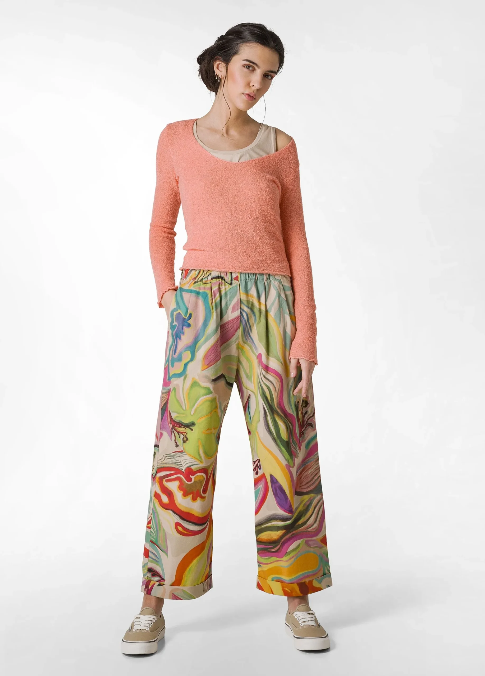 Sale Pantalone Relaxed Flower Power Verde Donna Pantaloni