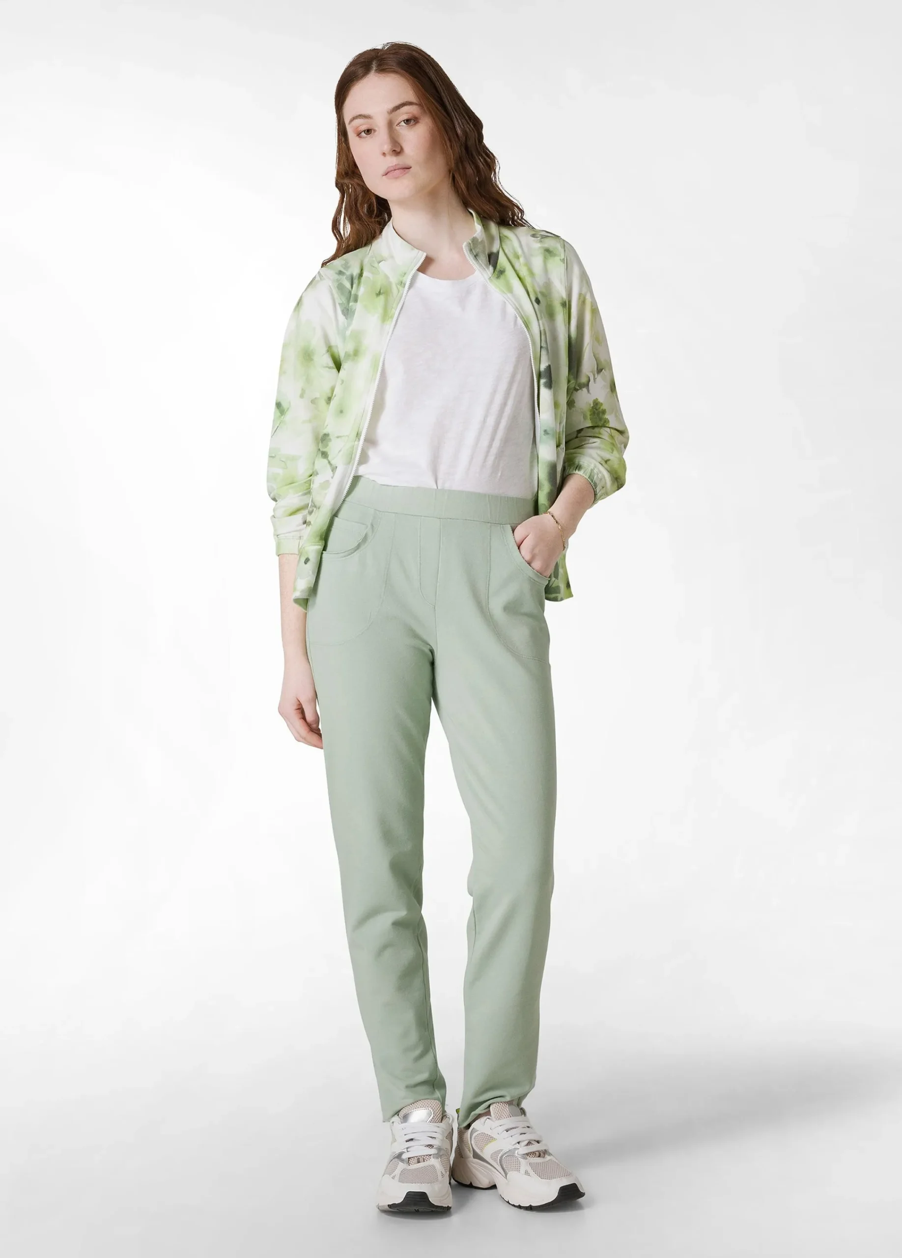 Store Pantalone Slim Fit In Felpa Leggera Verde Donna Pantaloni