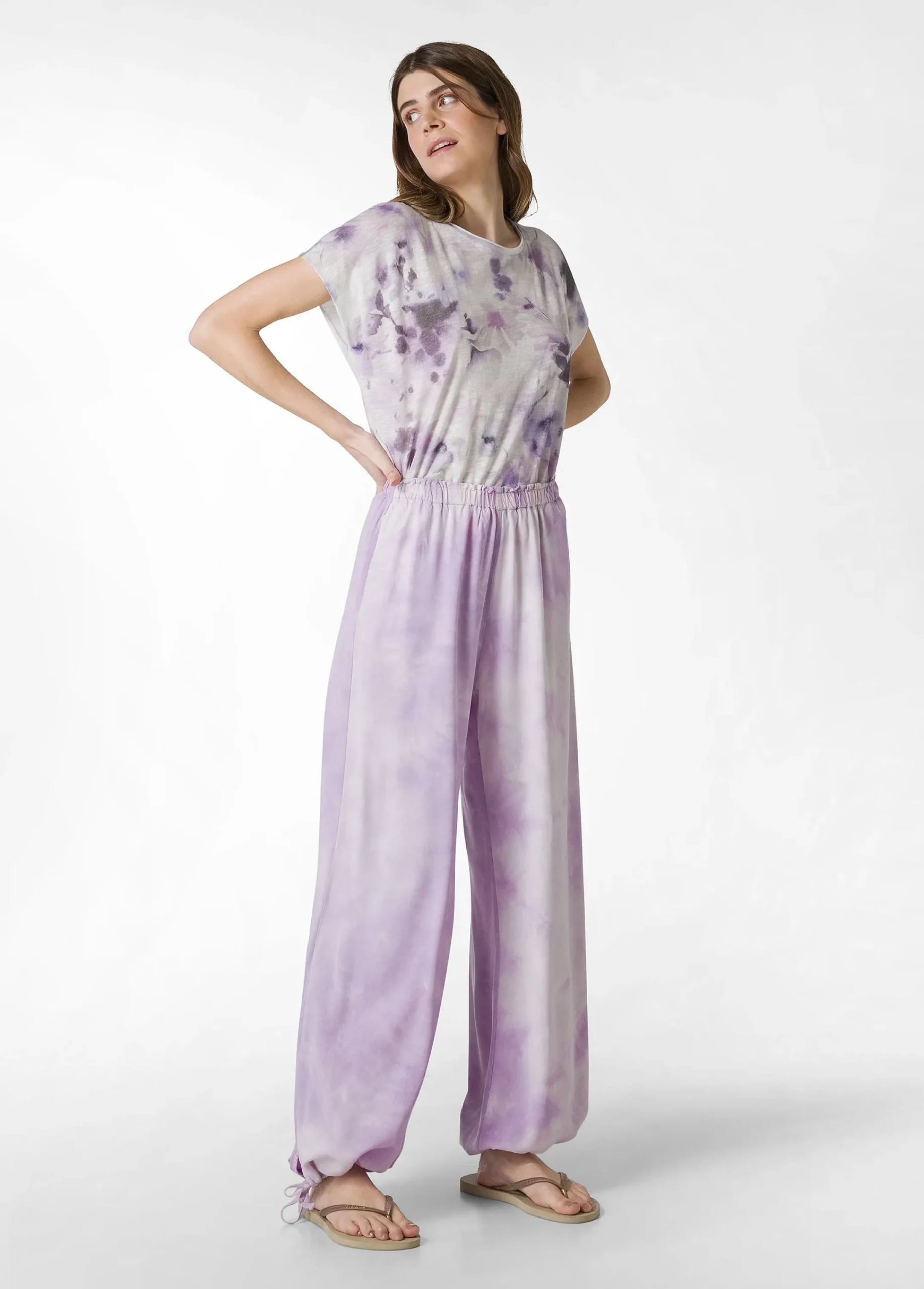 Outlet Panta Palazzo In Twill Effetto Batik Viola Donna Pantaloni