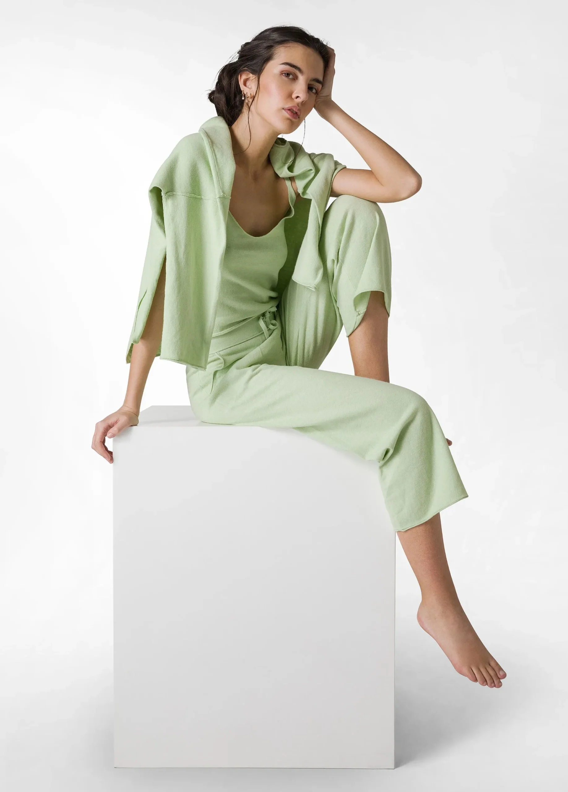 Shop Top In Maglia Misto Lino Con Spalline Verde Donna Top & T-Shirts