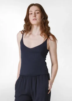 Shop Top In Maglia Misto Lino Con Spalline Blu Donna Top & T-Shirts