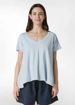 Fashion T-Shirt Assimetrica Con Inserti In Lino Blu Donna Top & T-Shirts