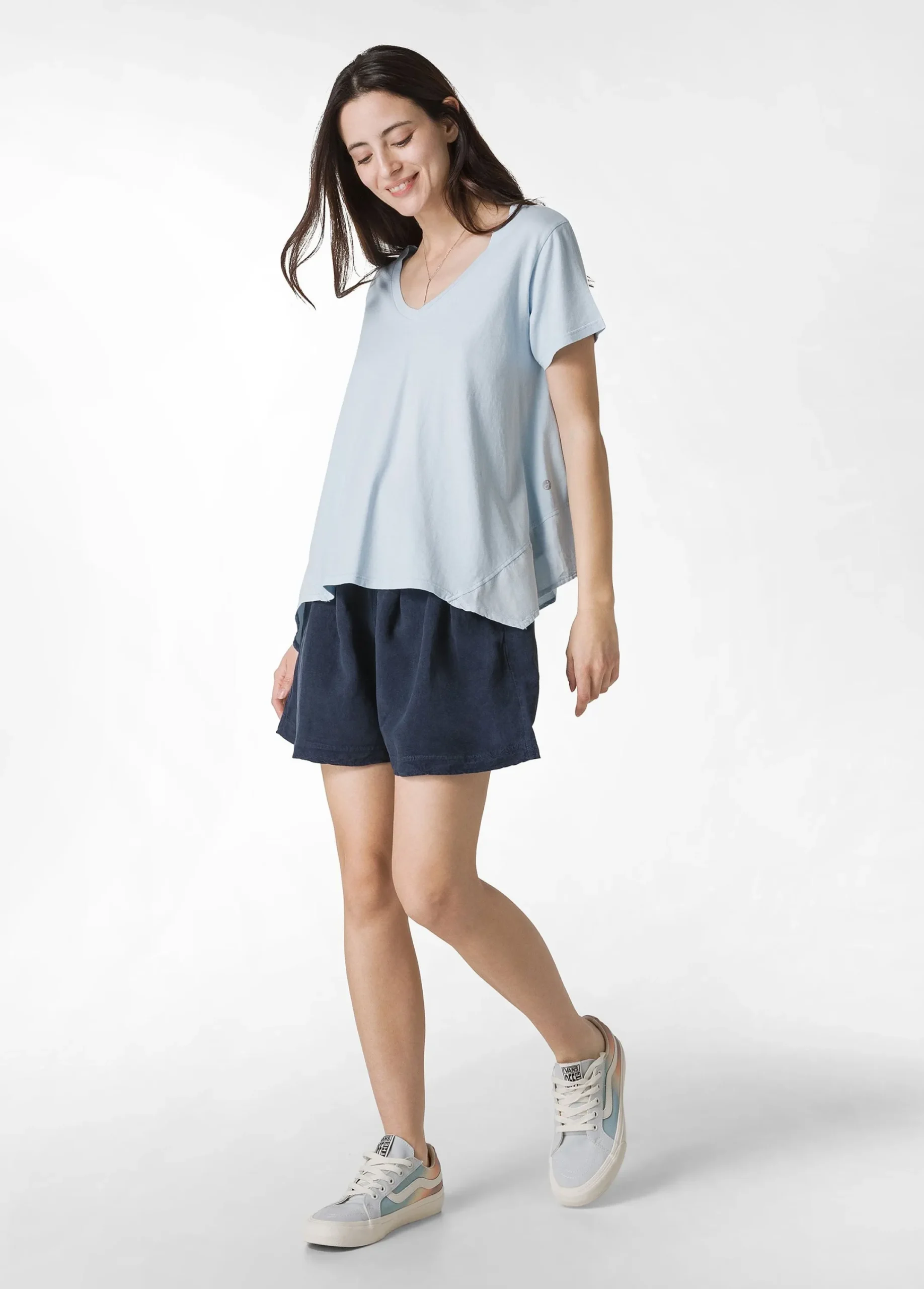 Fashion T-Shirt Assimetrica Con Inserti In Lino Blu Donna Top & T-Shirts