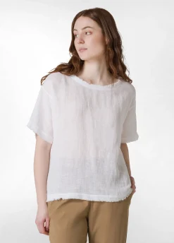 Flash Sale T-Shirt Sfrangiata In Lino Bianco Donna Top & T-Shirts